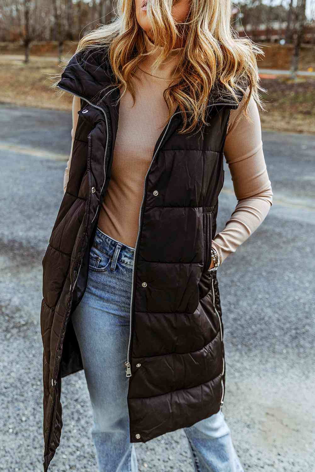 Long Puffer Hoodie Vest