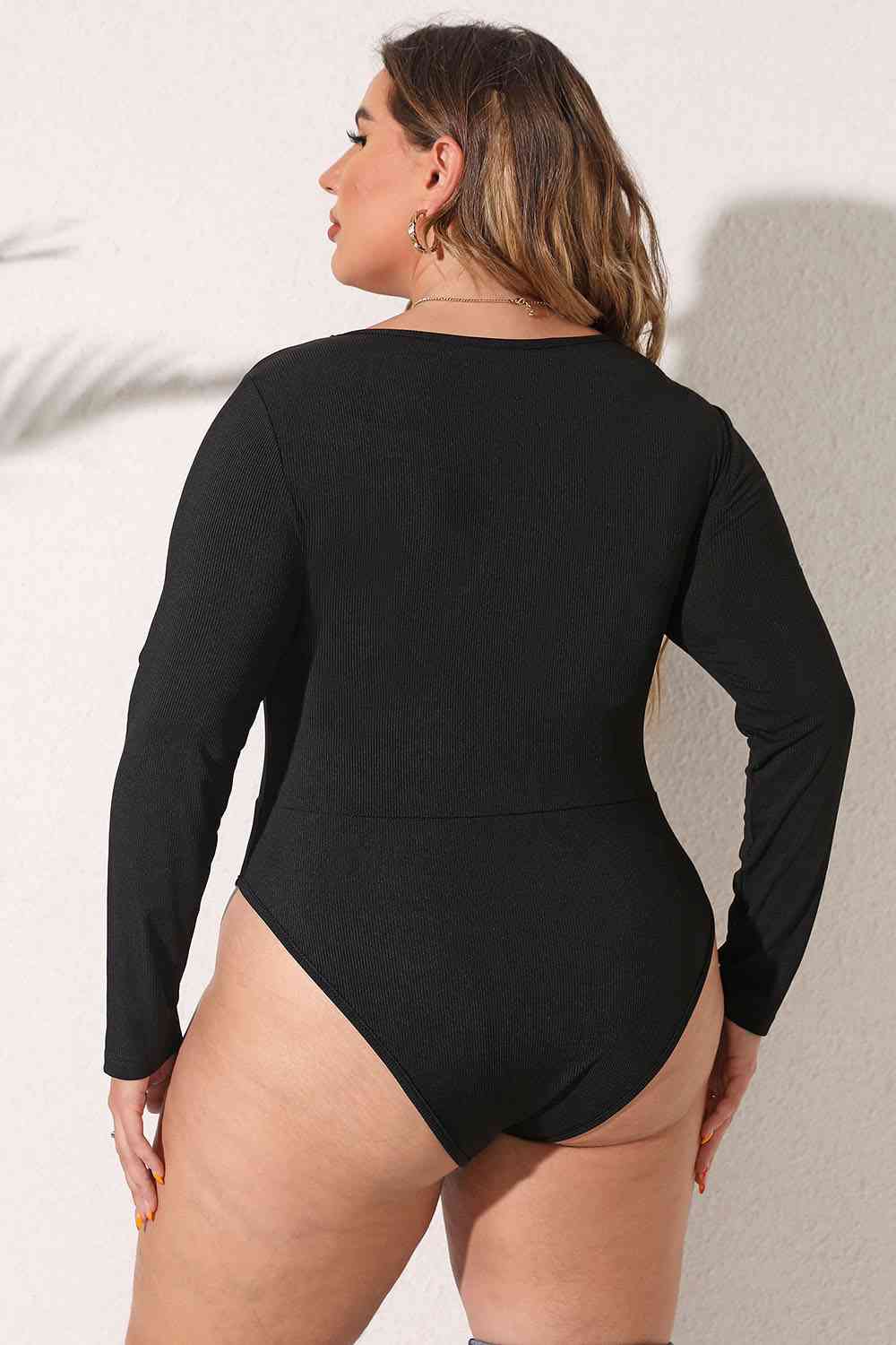 Classic Black Round Neck Long Sleeve Bodysuit (L - 4X)