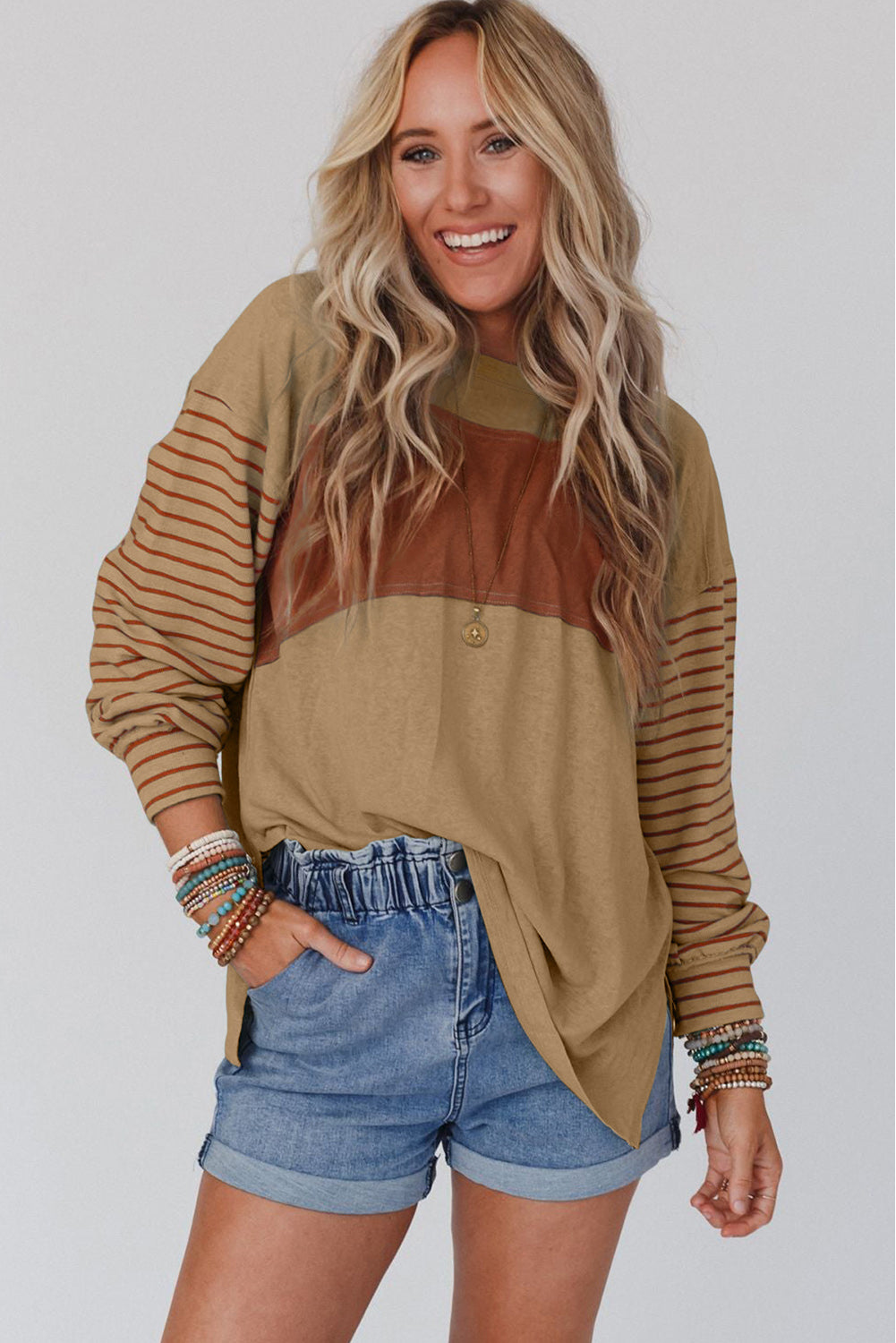 Casual Colorblock Striped Bishop Sleeve Shirt