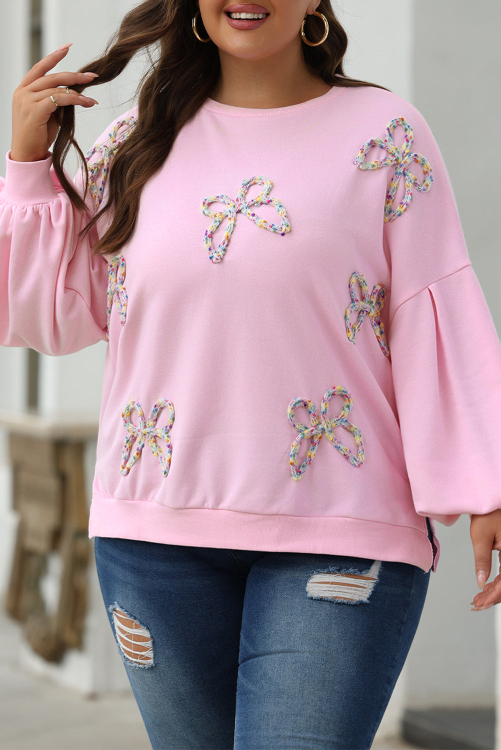 Embroidered Bow Lantern Sleeve Sweatshirt in 2 Colors (S - 3X)