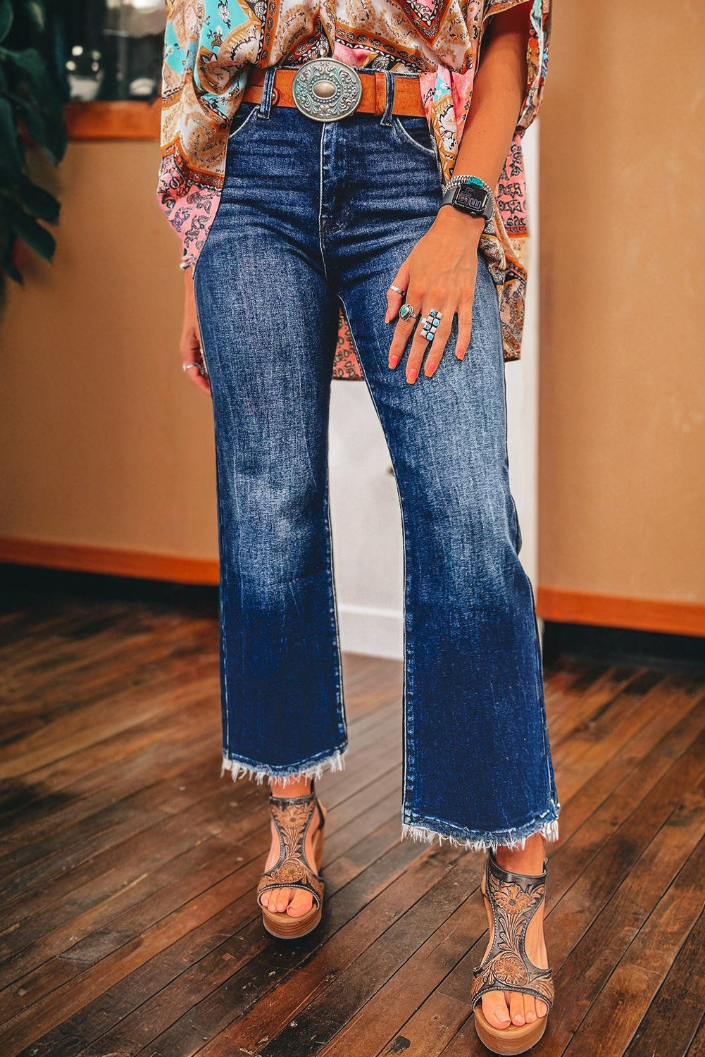 Mineral Washed Raw Hem High Waist Flared Jeans