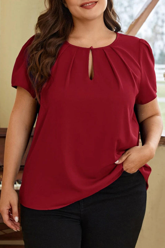 Elegant Red Keyhole Pleated Crew Neck Shirt