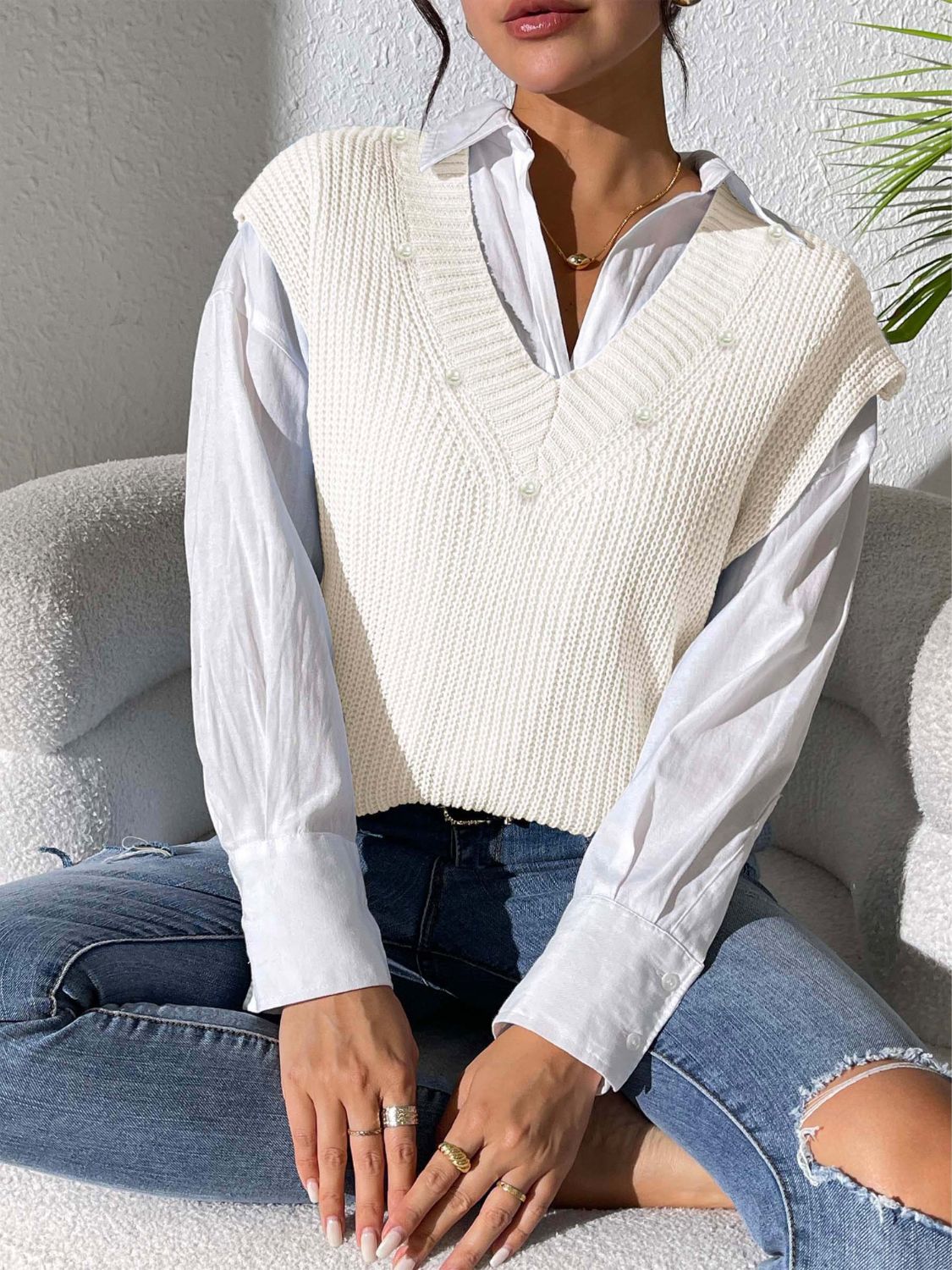 Classic Pearl V-Neck Sweater Vest in 5 Colors Onsize