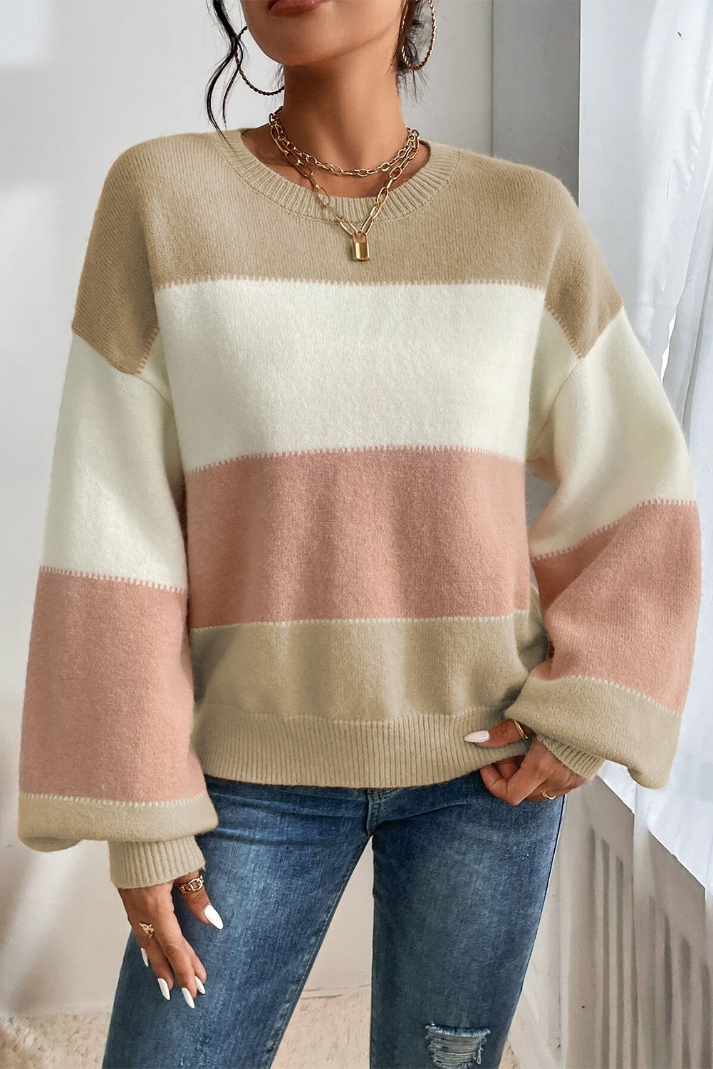 Elegant Color Block Lantern Sleeve Sweater