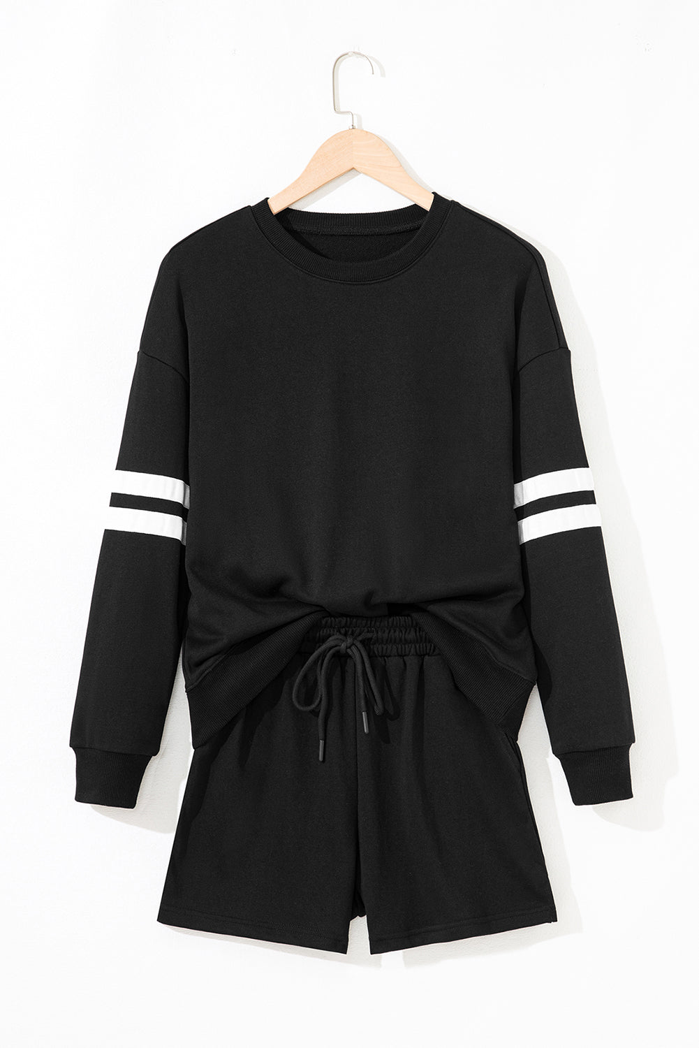 Activepologie Comfy Black Varsity Stripe Oversized Women's Sweatshirt & Shorts Outfit at LaurenNichole