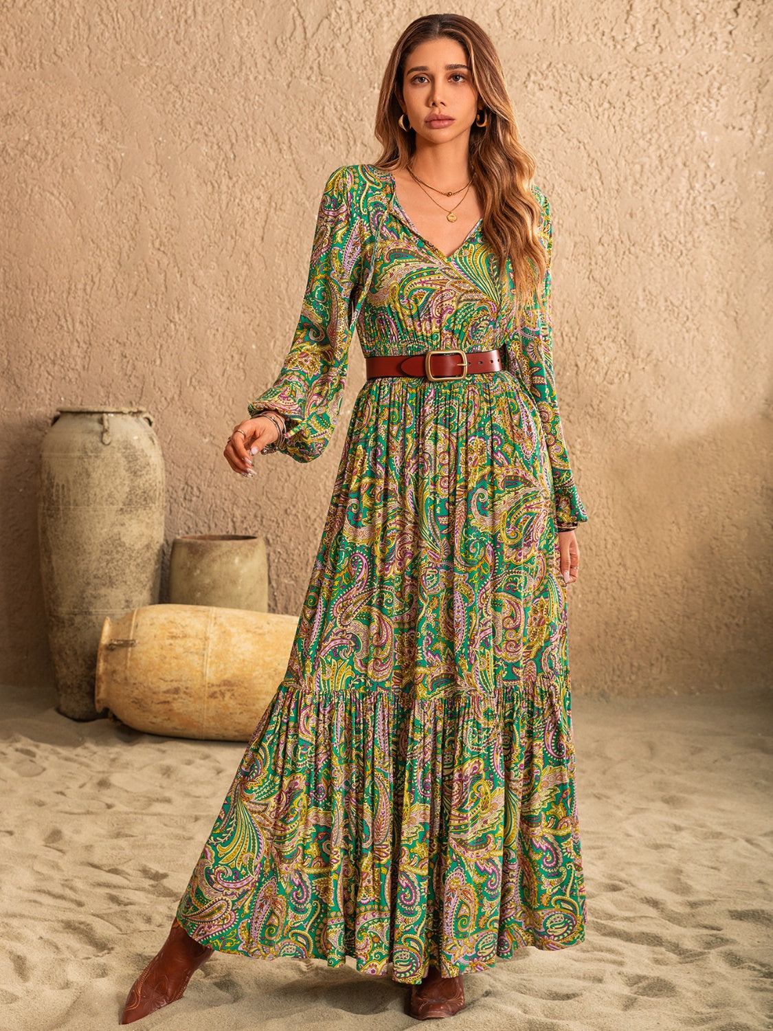 Elegant Paisley Tie Neck Long Sleeve Dress