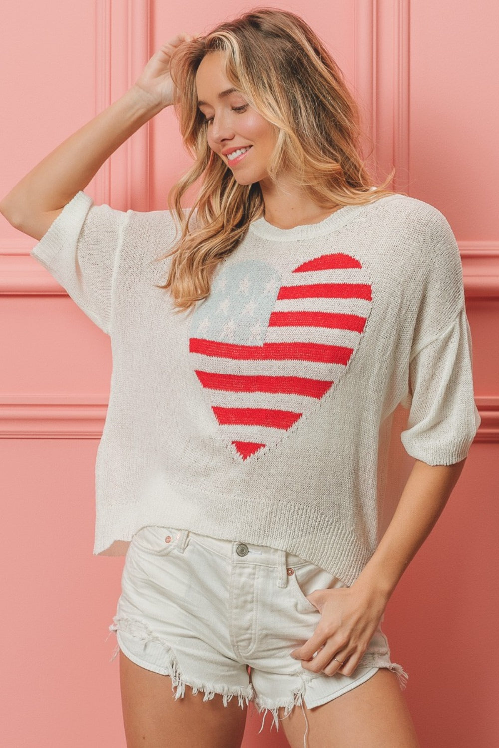 Striped Heart Contrast Knit Top