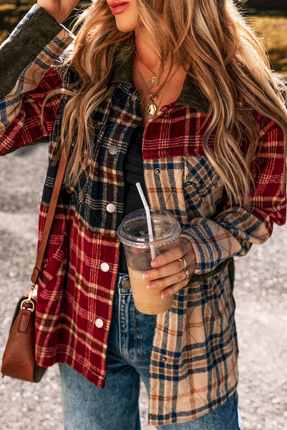 Stylish Plaid Colorblock Button-Up Shacket