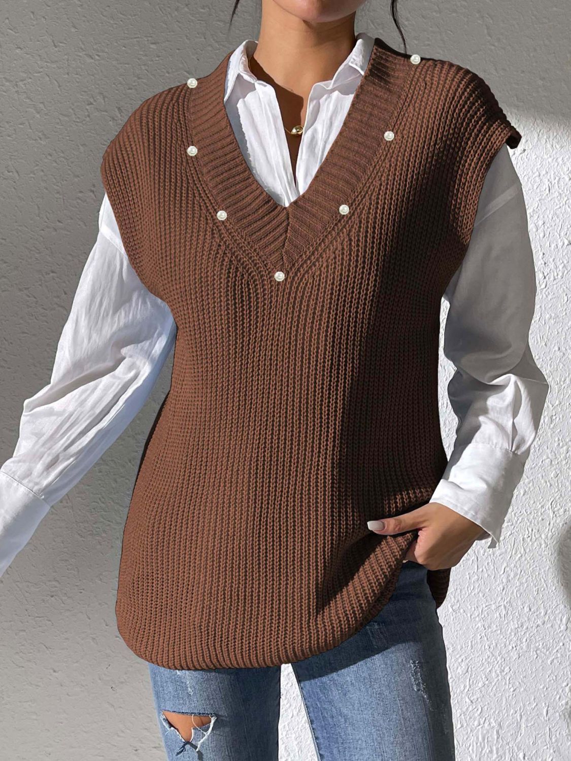 Classic Pearl V-Neck Sweater Vest in 5 Colors Onsize