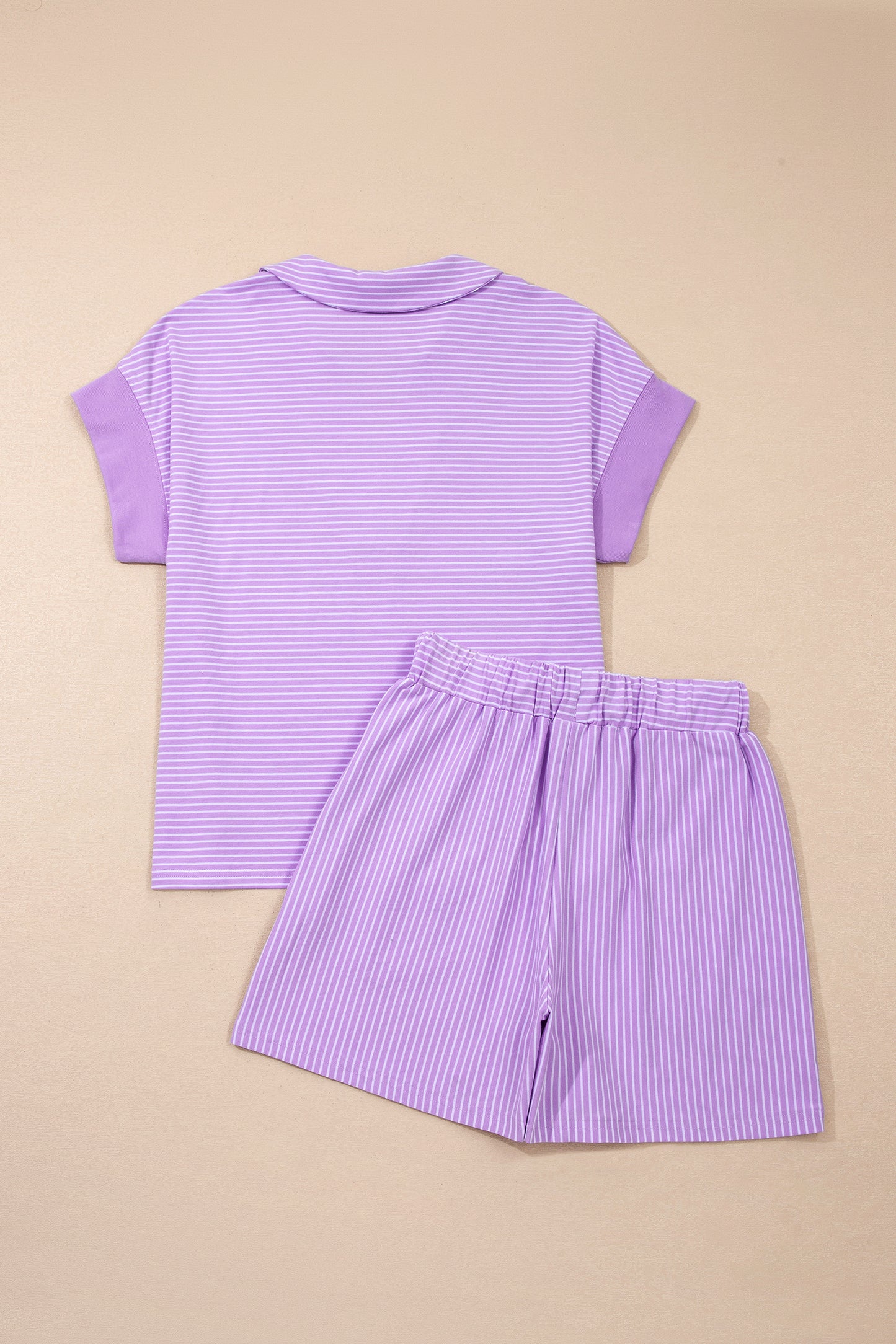 LaurenNichole Daydream Stripe Dolman Sleeve Polo & Drawstring Shorts Outfit — Pastel Casual 2-Piece Outfit (S–2X)
