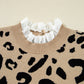 Brown Leopard Pattern Lace Ribbed Detail Button Cuffed Sweater