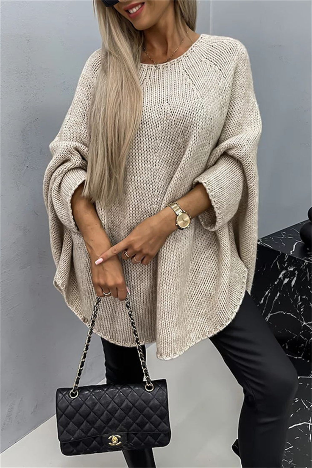 Elegant Round Neck Poncho Long Sleeve Sweater