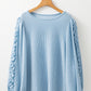 Luxurious Mist Blue Corded Small Ruffles Puff Sleeve Blouse