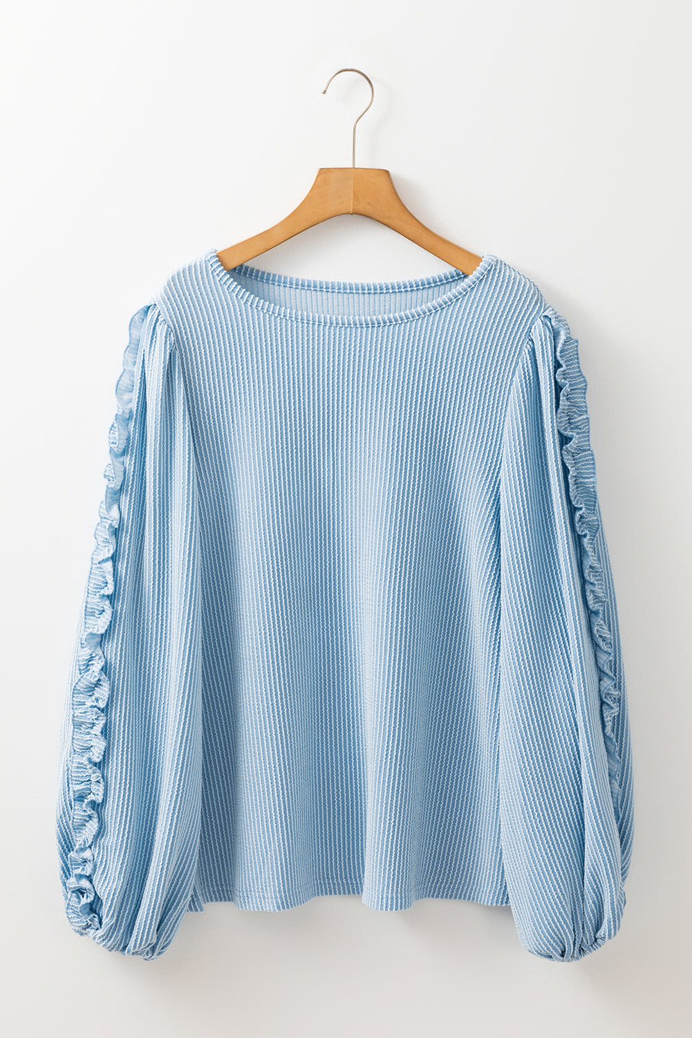 Luxurious Mist Blue Corded Small Ruffles Puff Sleeve Blouse