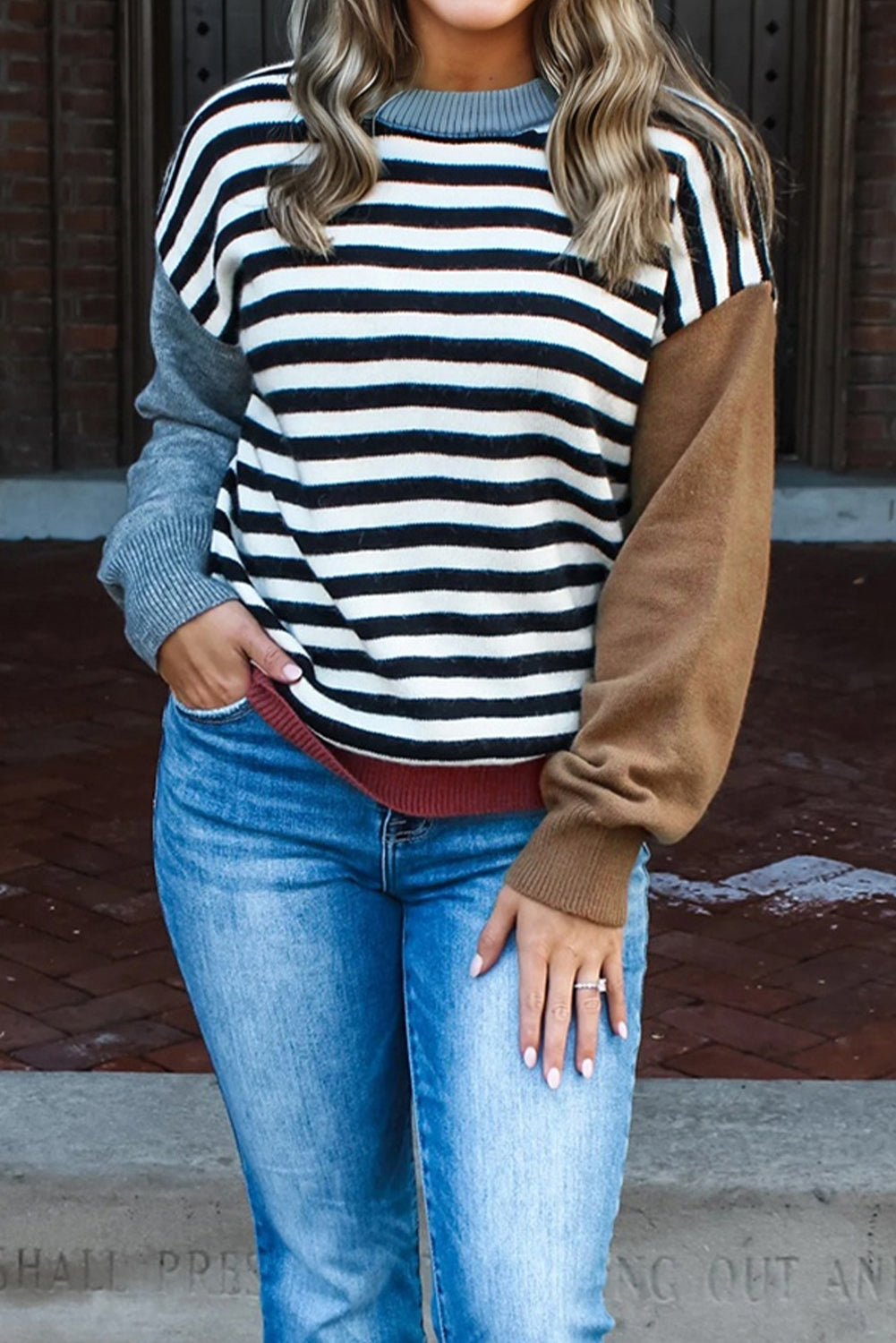 Black Stripped Color-block Sleeve Chic Casual Sweater