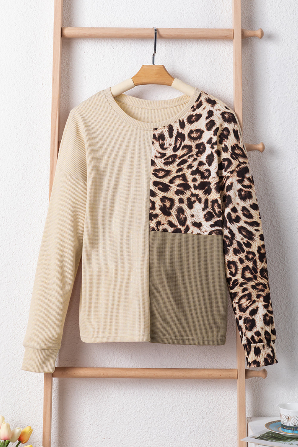 Leopard Color block Waffle Knit Shirt in 2 Colors