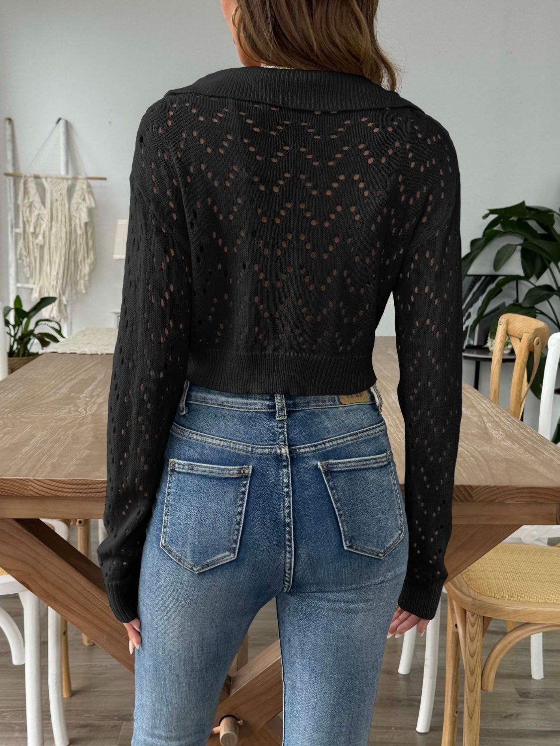 Chic Cropped Openwork Collared Sweater 2 Colors