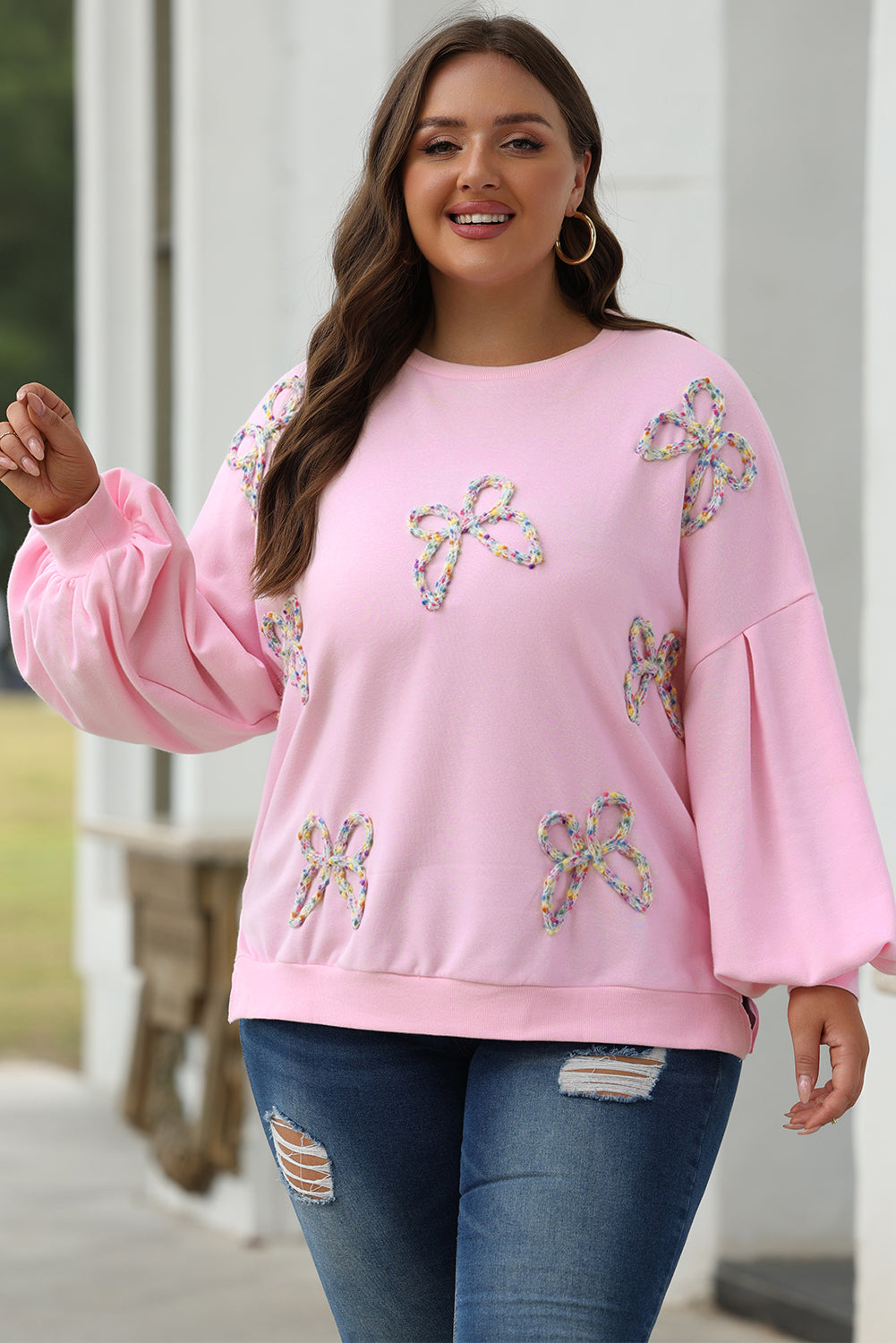 Embroidered Bow Lantern Sleeve Sweatshirt in 2 Colors (S - 3X)