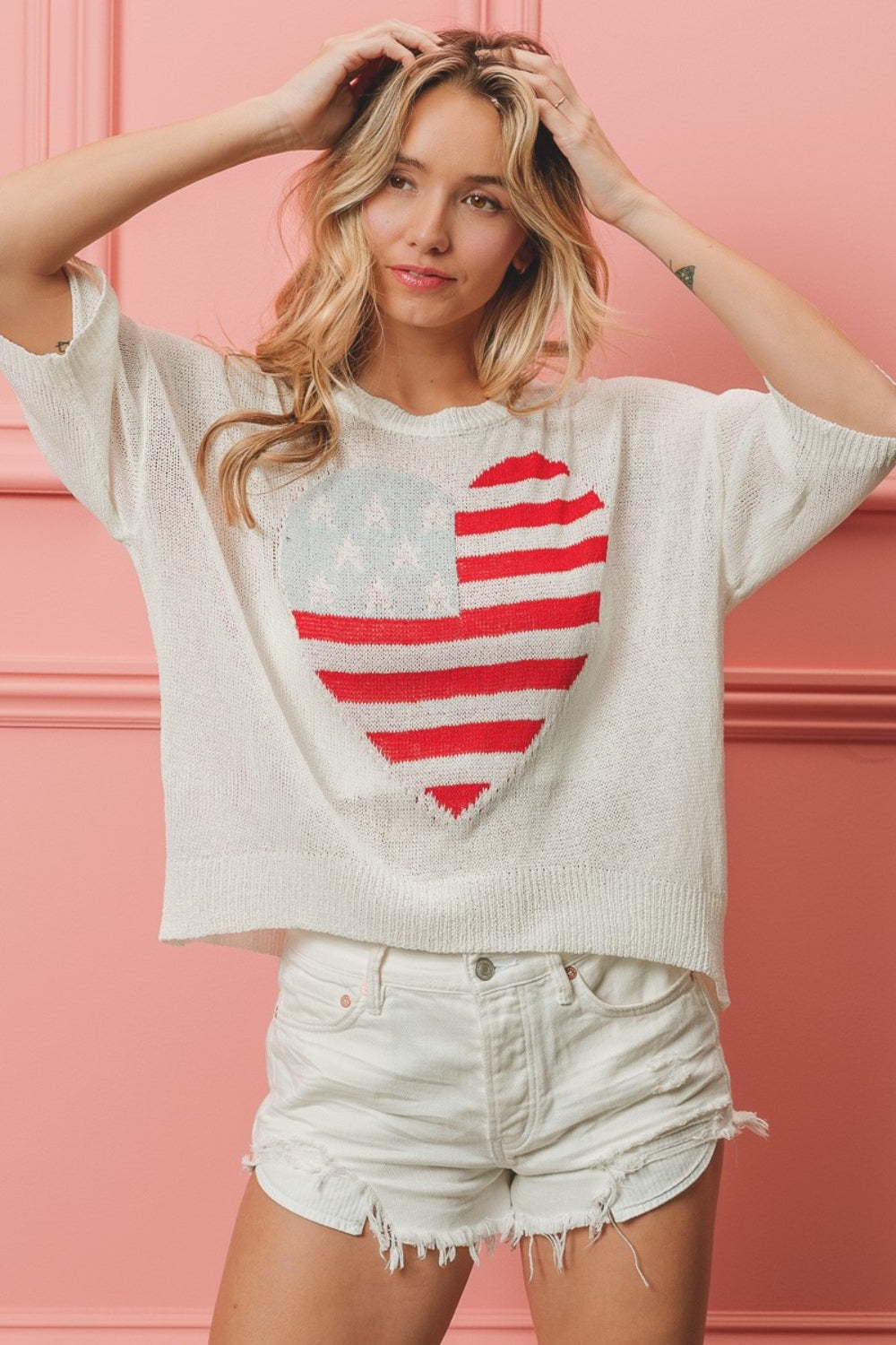 Striped Heart Contrast Knit Top