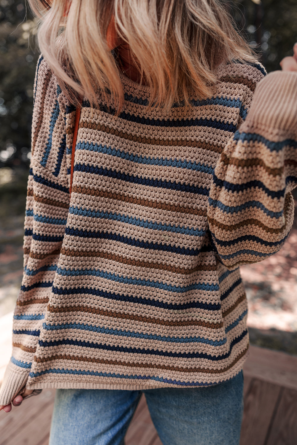 Cozy Brown Colorful Stripped Knit Crew Neck Sweater