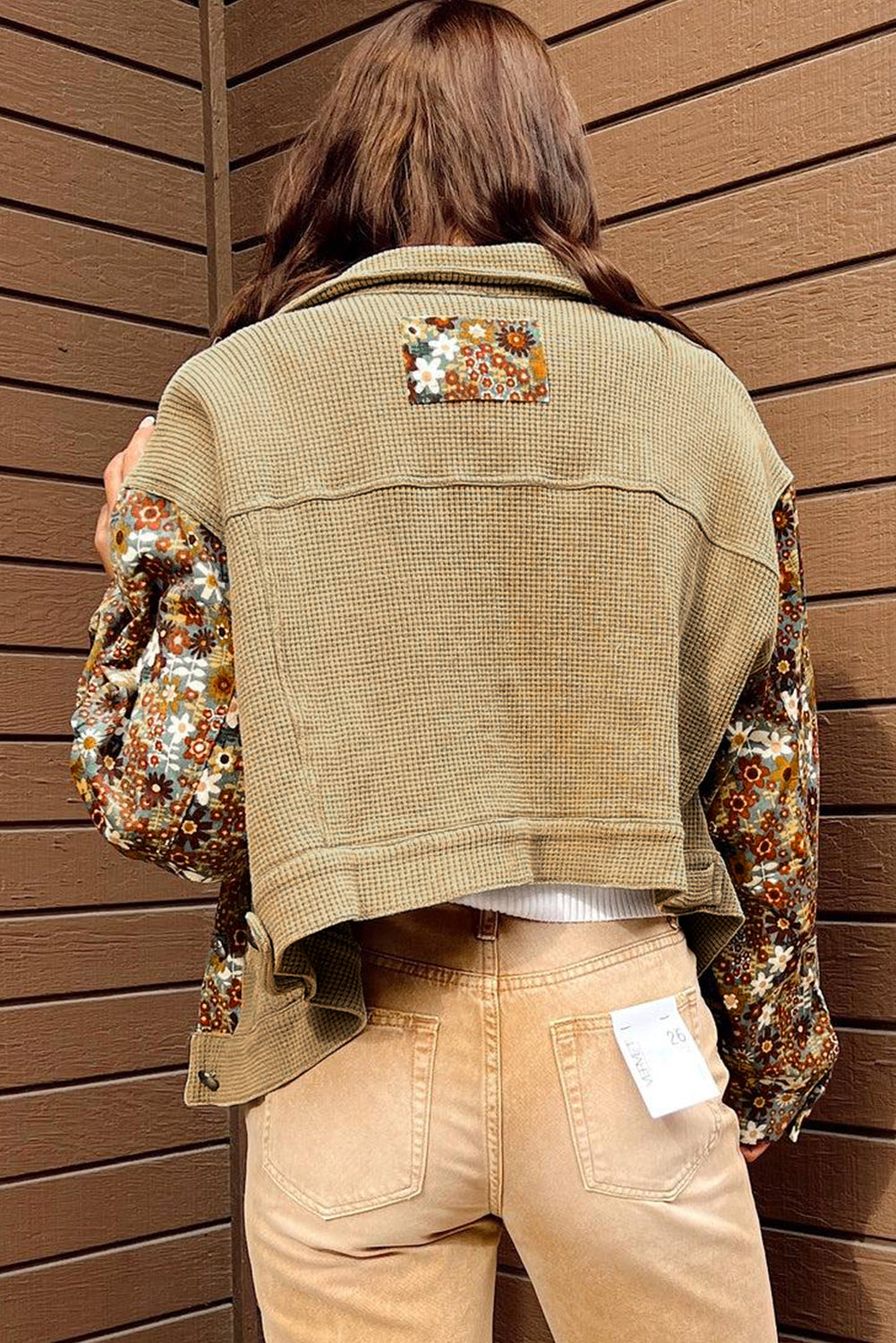 Khaki Floral Waffle Knit Colorblock Button up Jacket