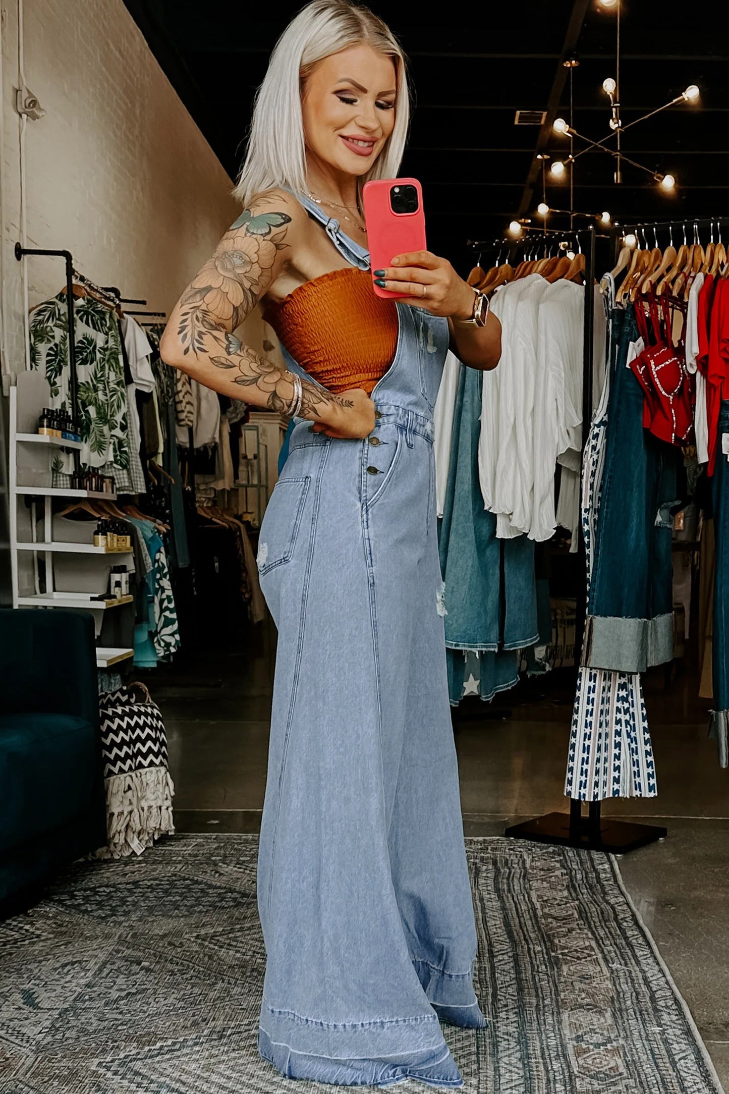 LaurenNichole Vintage Distressed Denim Wide-Legged Overall Jumpsuit