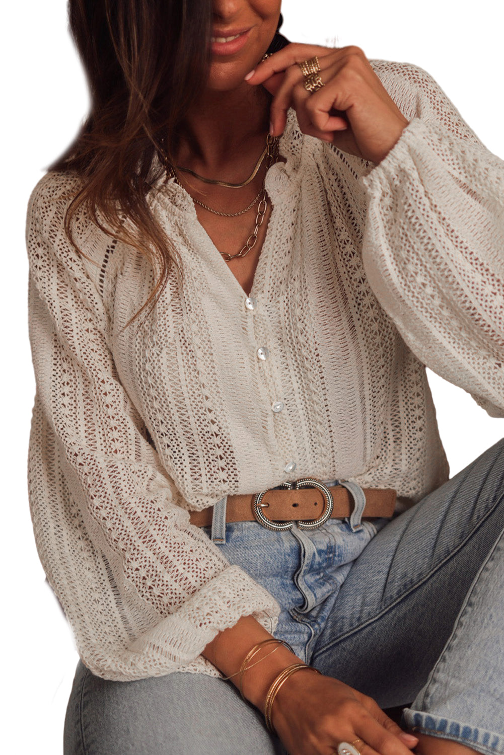 White Lace Hollow Puff Sleeve Button Up Shirt