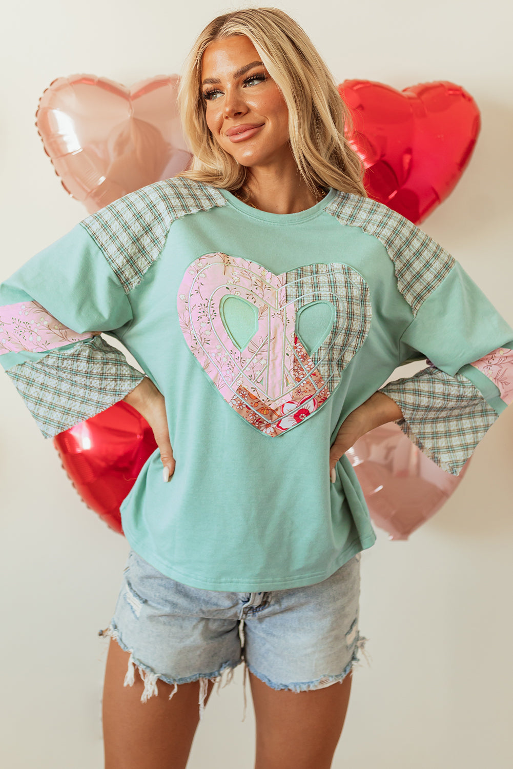 Plaid Floral Love Peace Bishop Sleeve Shirt S - 3X