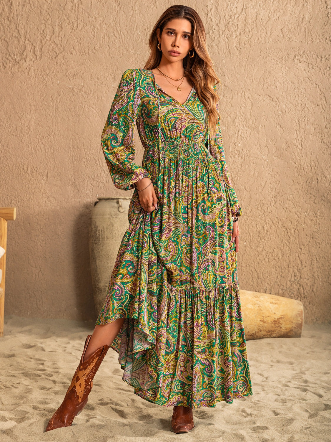 Elegant Paisley Tie Neck Long Sleeve Dress