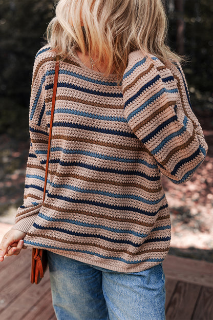 Cozy Brown Colorful Stripped Knit Crew Neck Sweater