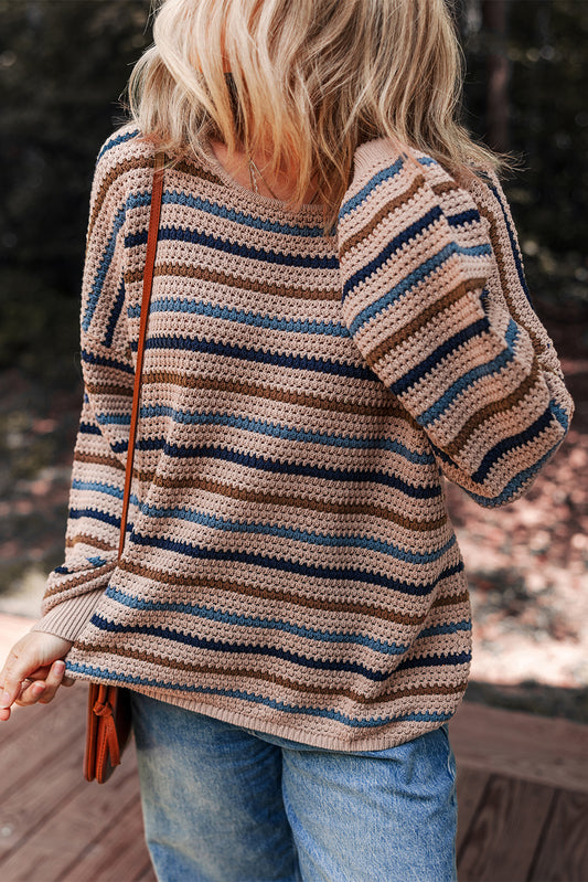 Cozy Brown Colorful Stripped Knit Crew Neck Sweater