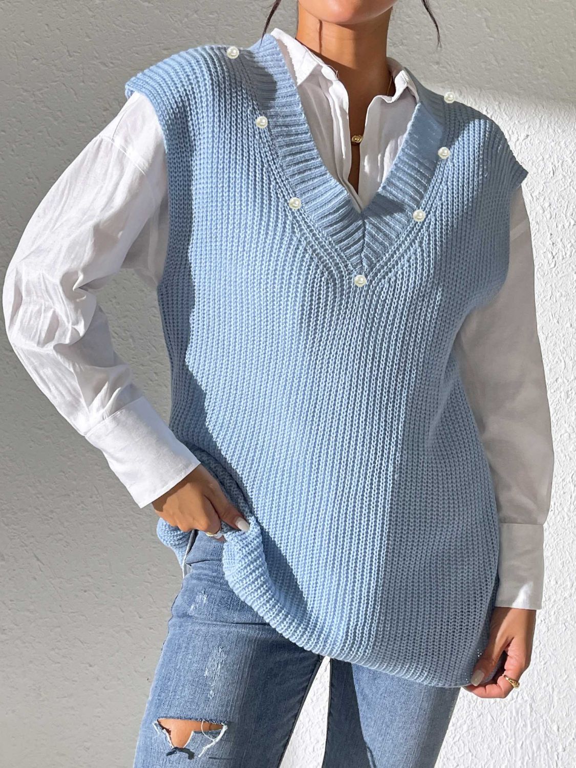 Classic Pearl V-Neck Sweater Vest in 5 Colors Onsize