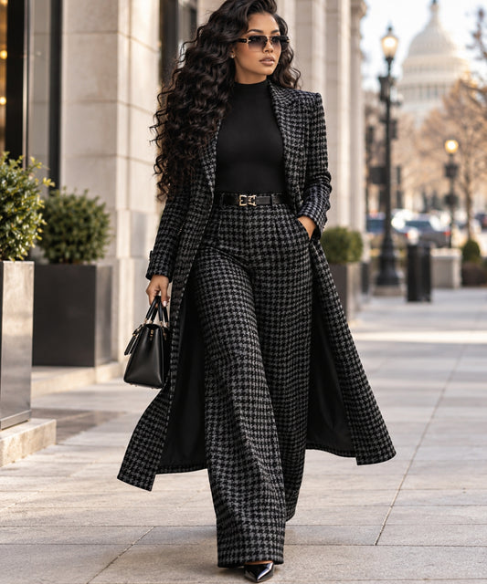 La'Bond Noir™ Houndstooth Peak-Lapel Blazer & Pants Suit Set (S–4X)