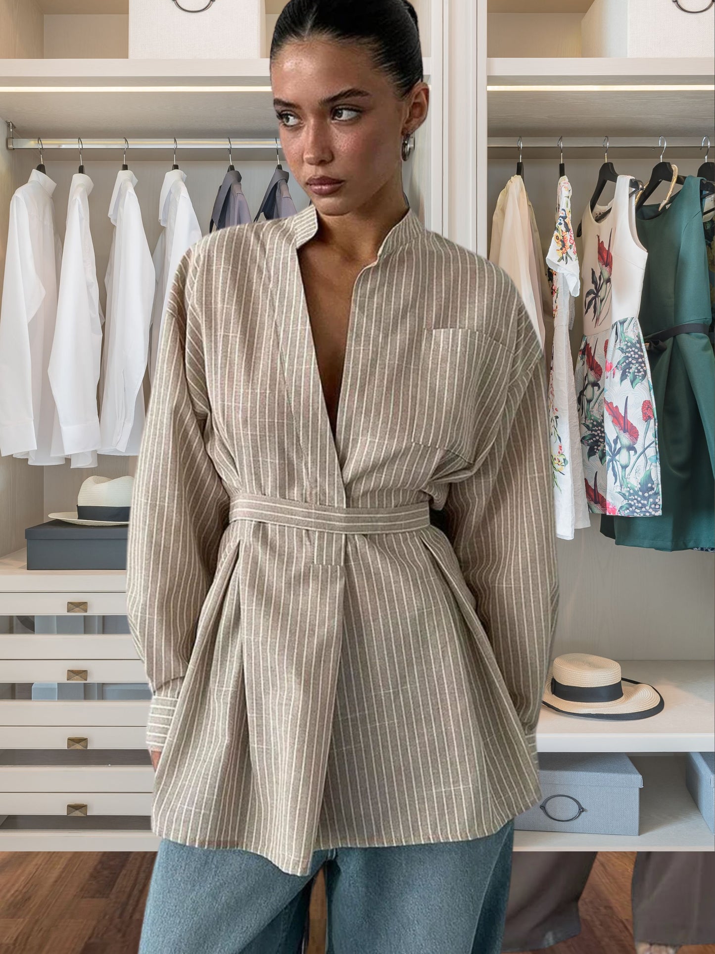 Classic Oversized Button-Up  Brown Pinstripe Shirt