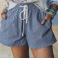 Sky Blue Stripe Drawstring Elastic Waist Casual Denim Shorts