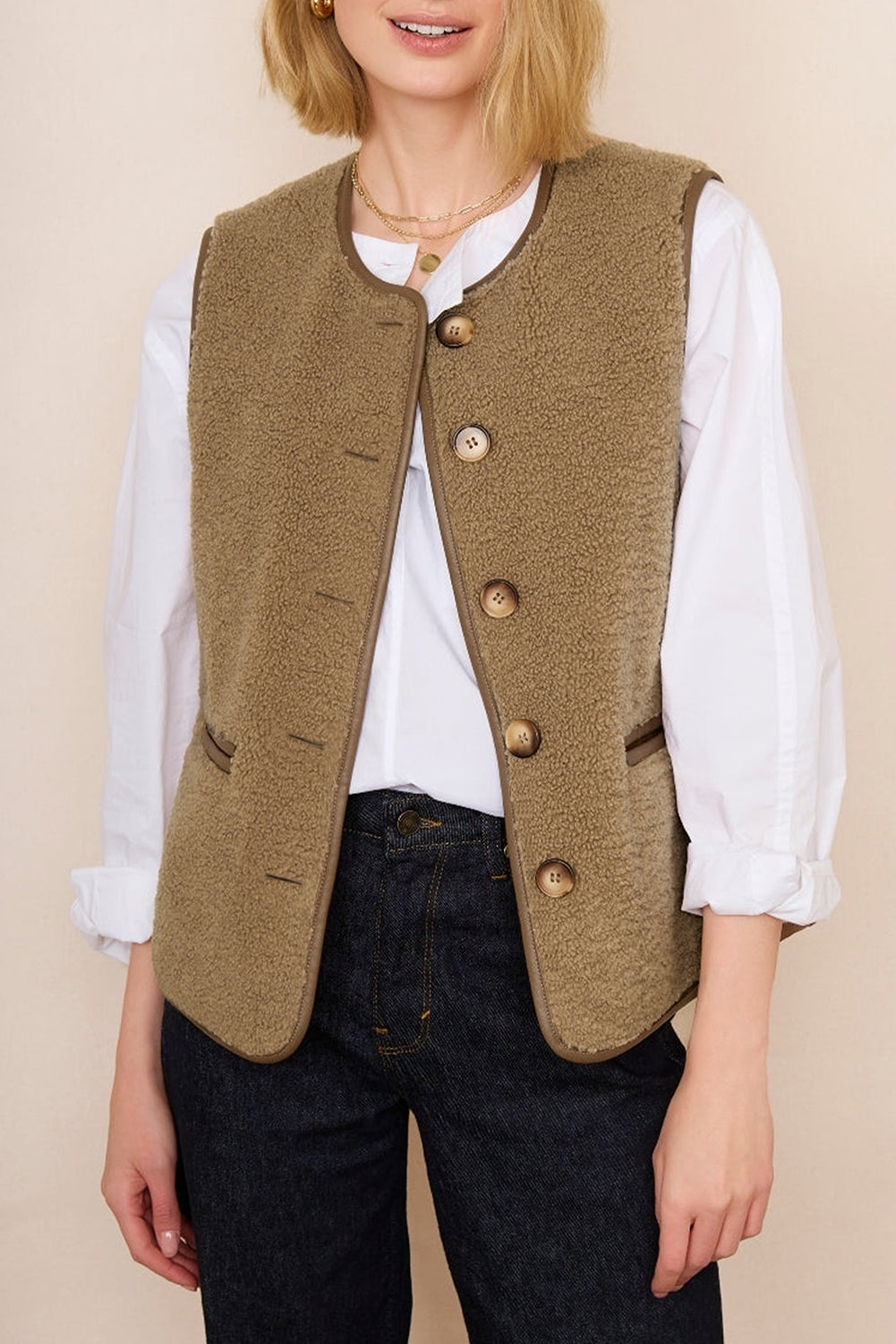 Classic Elegant Fleece Vegan Leather Trimmed Vest