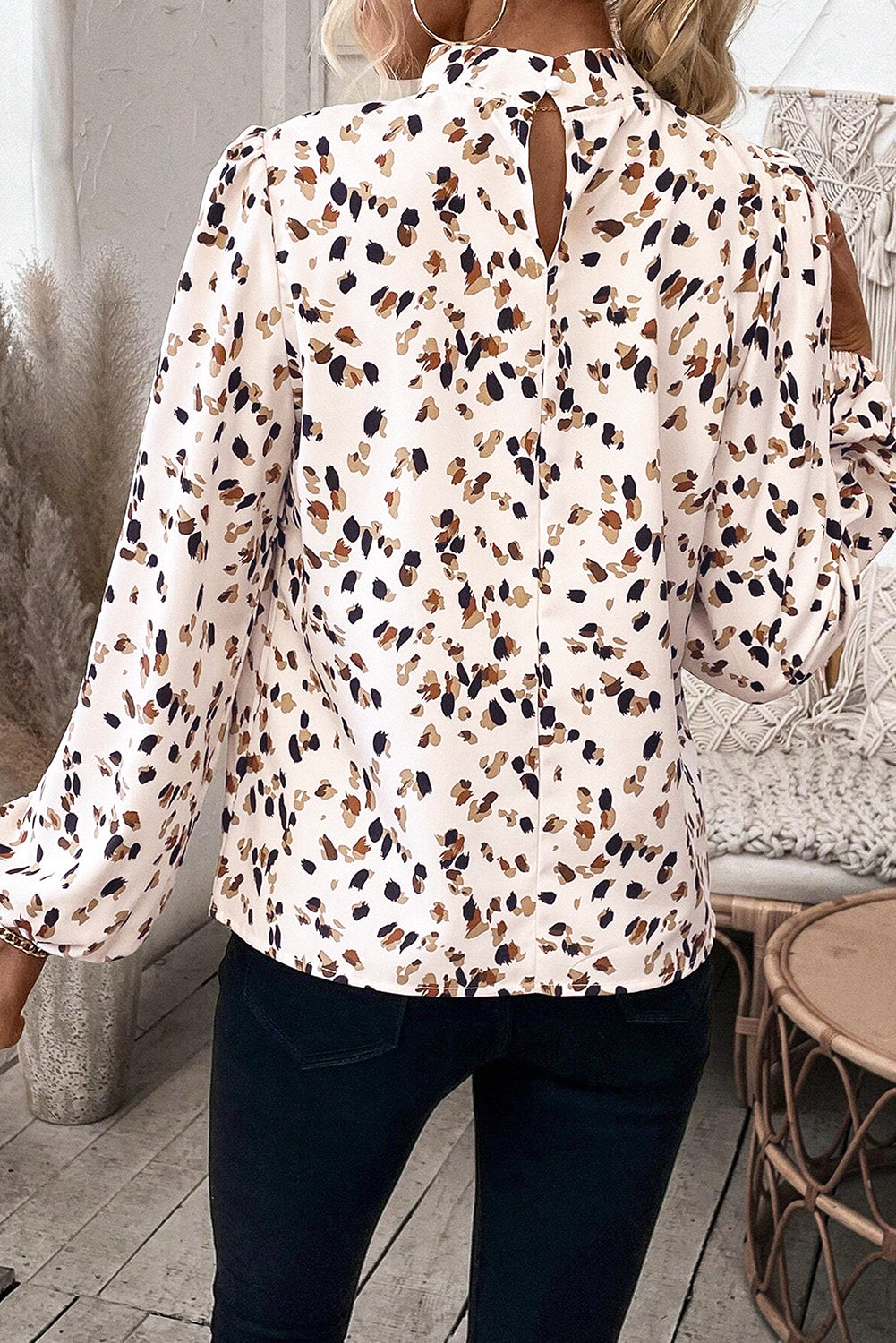 Leopard Lantern-Sleeve Pleated Blouse