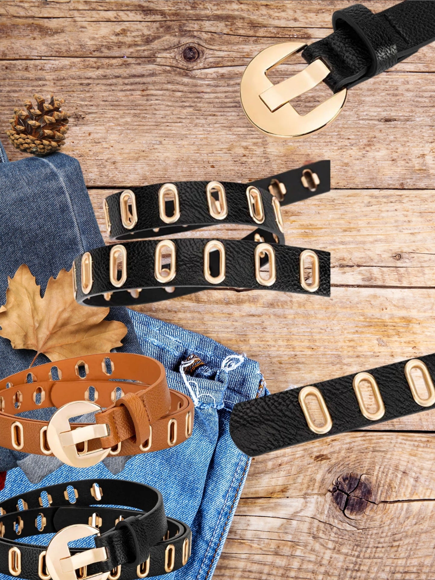 Gold Vegan Leather Adjustable Hole Belts in 5 Colors. Up to Size 2X at LaurenNichole
