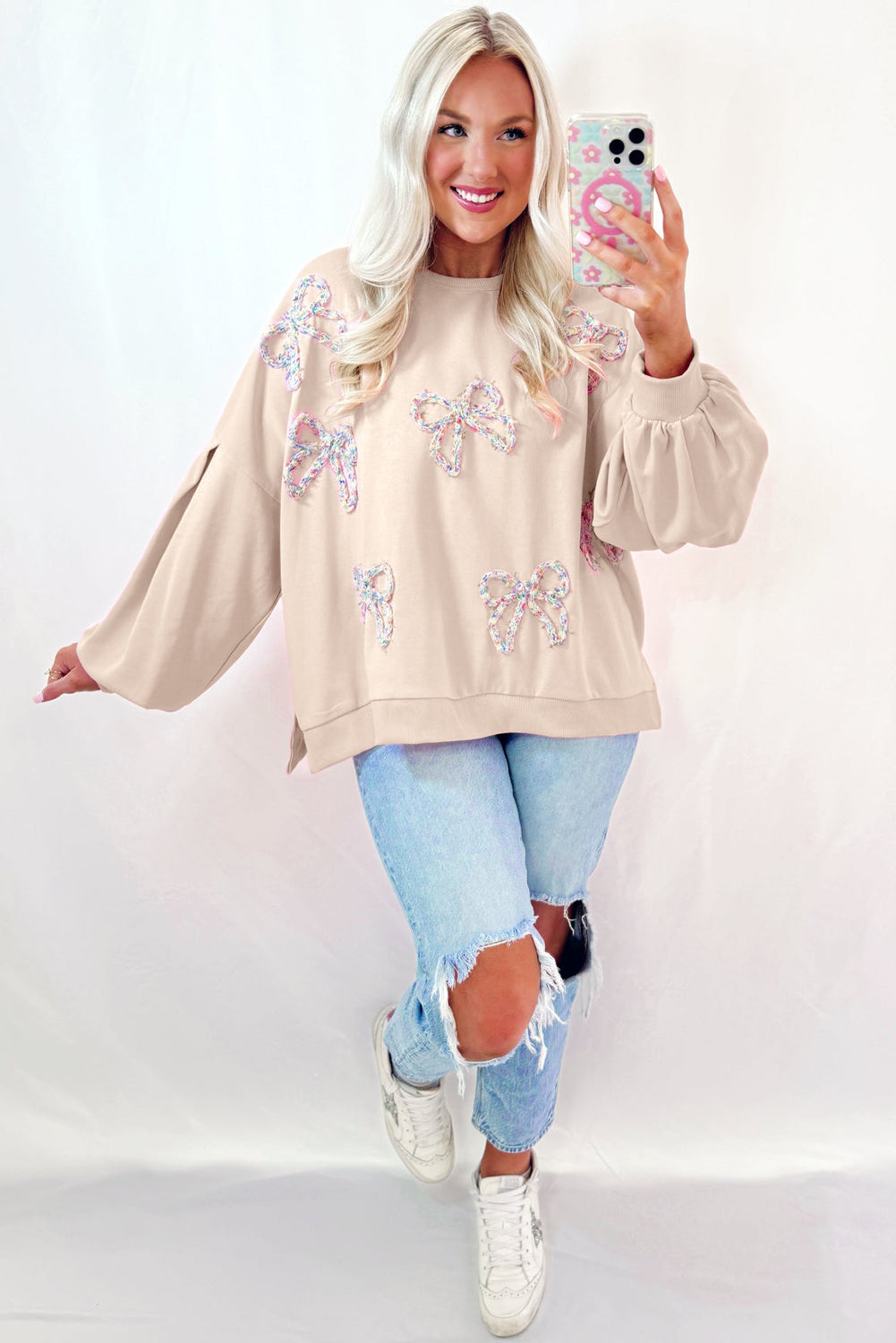 Embroidered Bow Lantern Sleeve Sweatshirt in 2 Colors (S - 3X)