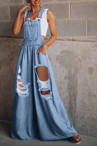 Distressed Wide Leg Denim Overalls (S  - 2X)