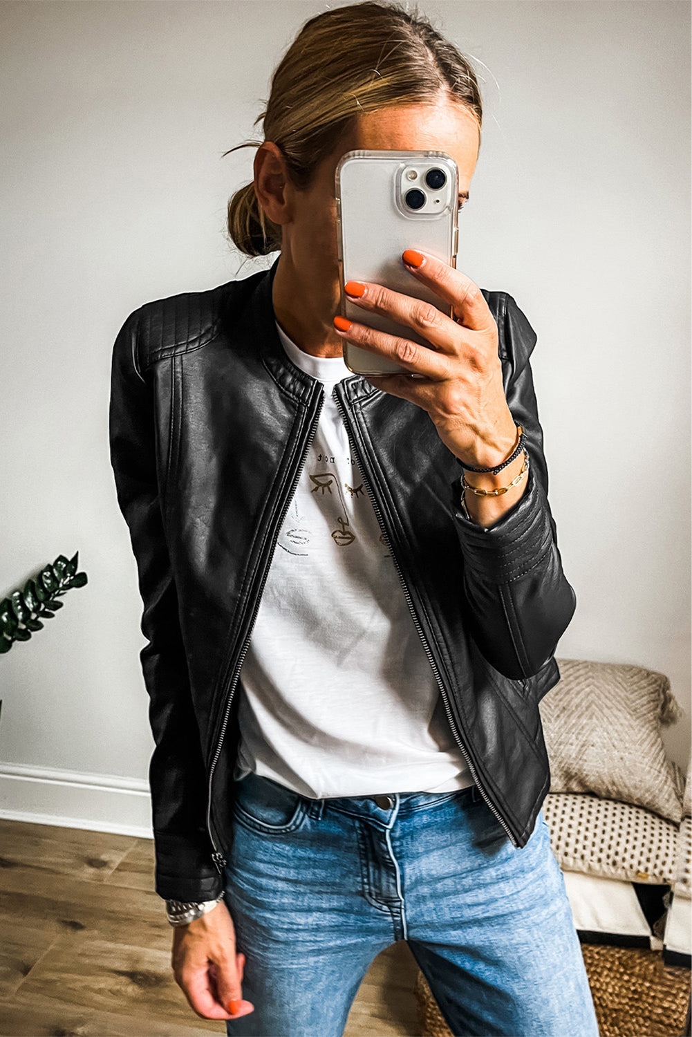 Classic Vegan Leather Zip Up Slim Fit Bomber Jacket in 2 Colors