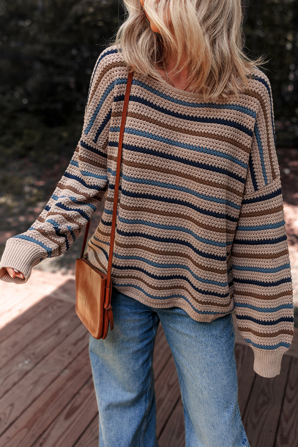 Cozy Brown Colorful Stripped Knit Crew Neck Sweater