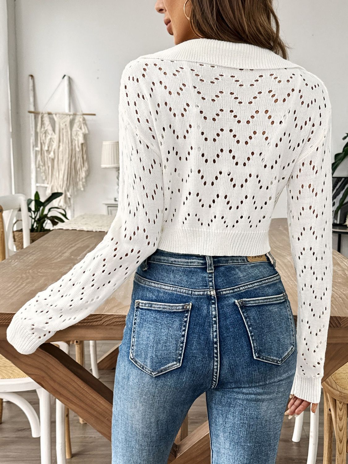 Chic Cropped Openwork Collared Sweater 2 Colors