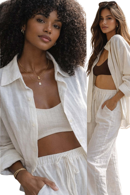 LaurenNichole Versatile Linen Cotton Lounge Outfit – Button Down Shirt & Wide Leg Pants or Shorts