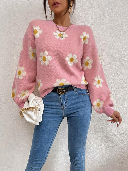 4 Flower Round Neck Latern Sleeve Sweater