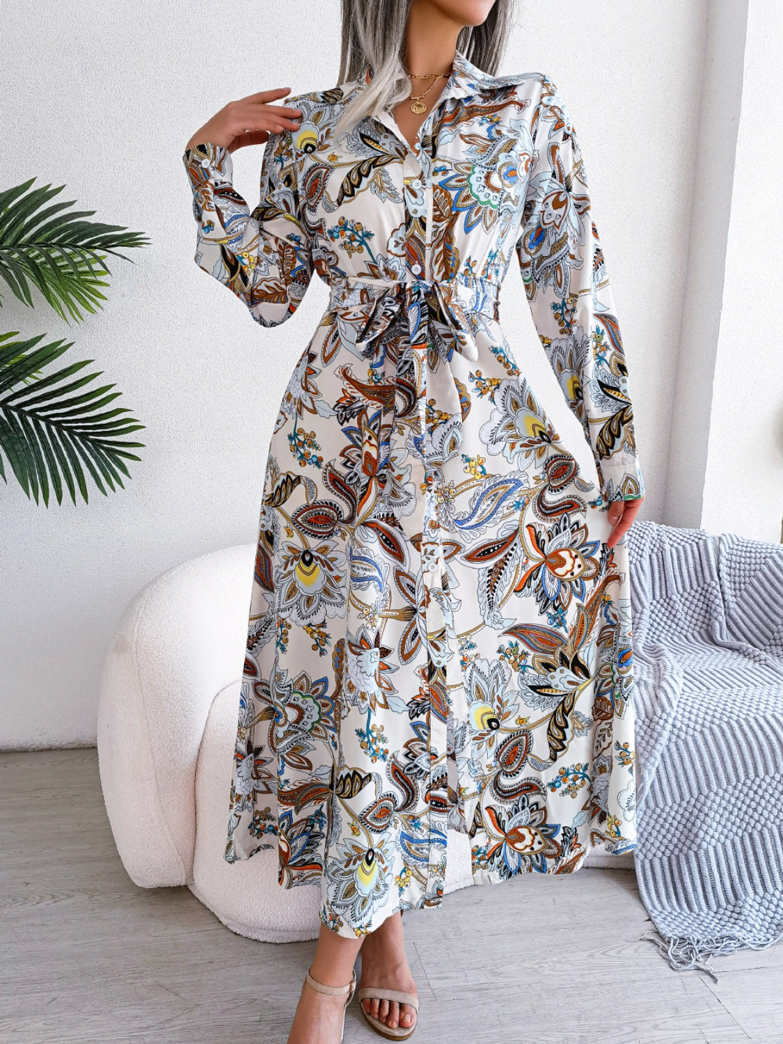 Classic Floral Tie Waist Midi Dress in 3 Colors