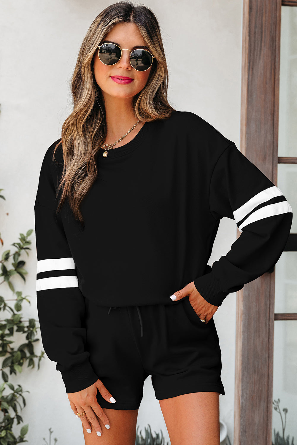 Activepologie Comfy Black Varsity Stripe Oversized Women's Sweatshirt & Shorts Outfit at LaurenNichole