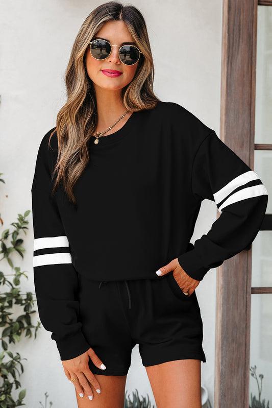 Activepologie Comfy Black Varsity Stripe Oversized Women's Sweatshirt & Shorts Outfit at LaurenNichole