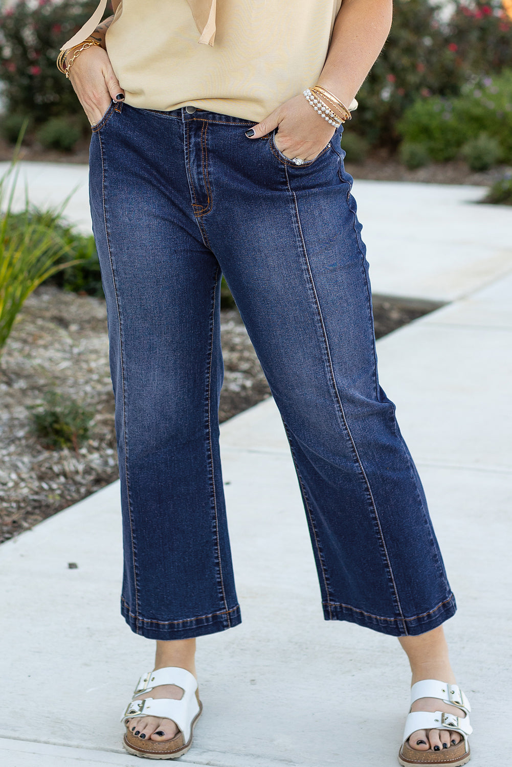 Navy Blue Tailored Wide Leg High Waist Jeans (up to 2X)