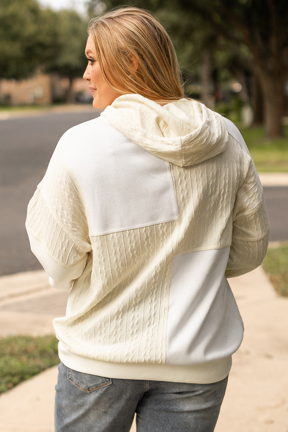 Comfy Cozy Beige Textured Patchwork Tailored Hoodie in Size 1X - 4X